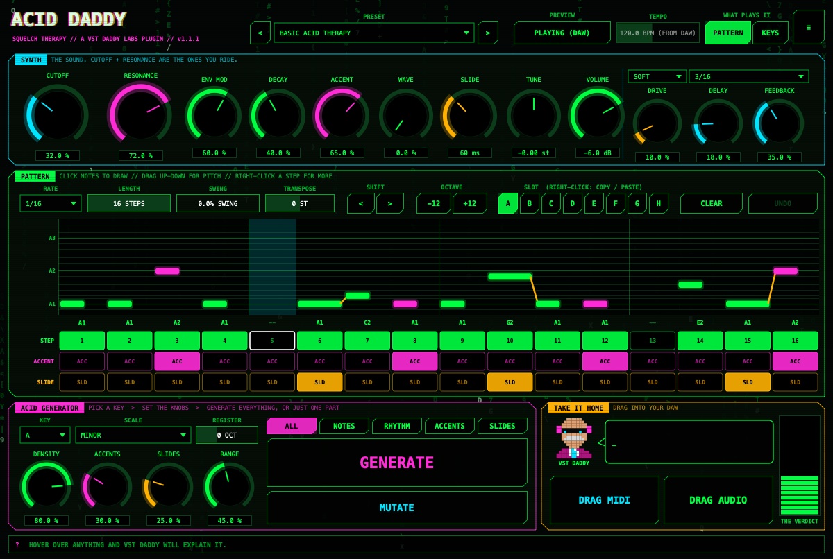 Acid Daddy with synth knobs, a 16-step acid pattern and the GENERATE button