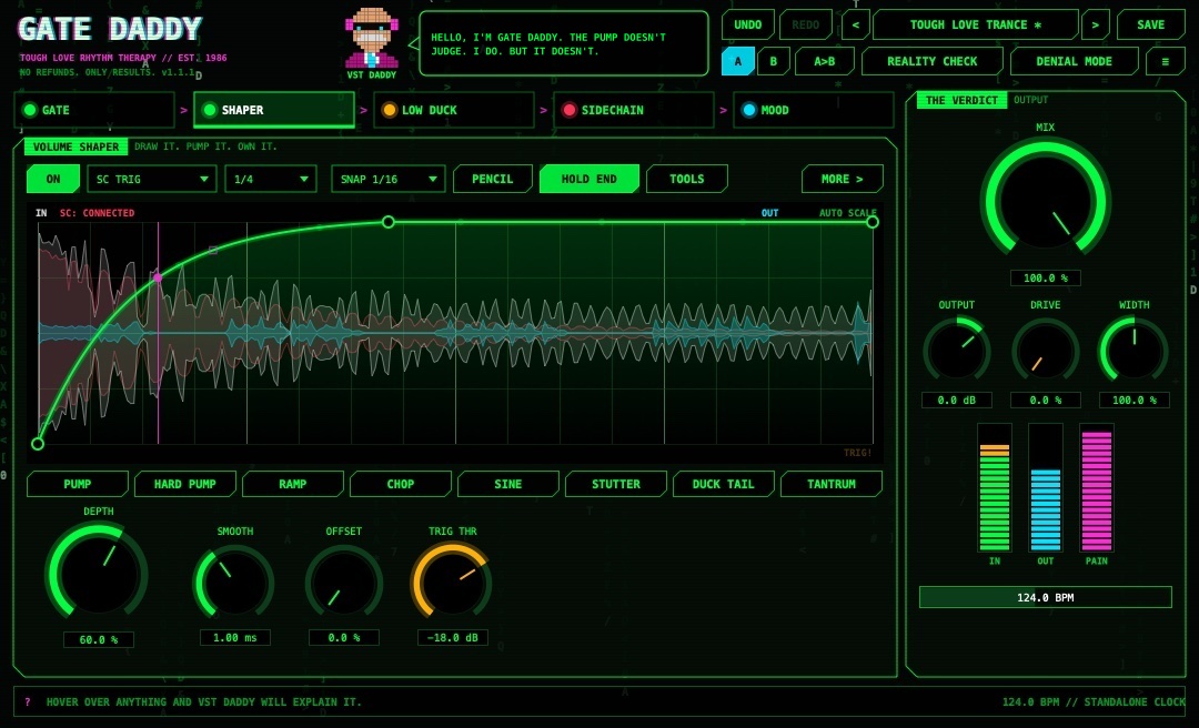 Gate Daddy plugin: volume shaper tab with drawn pump curve