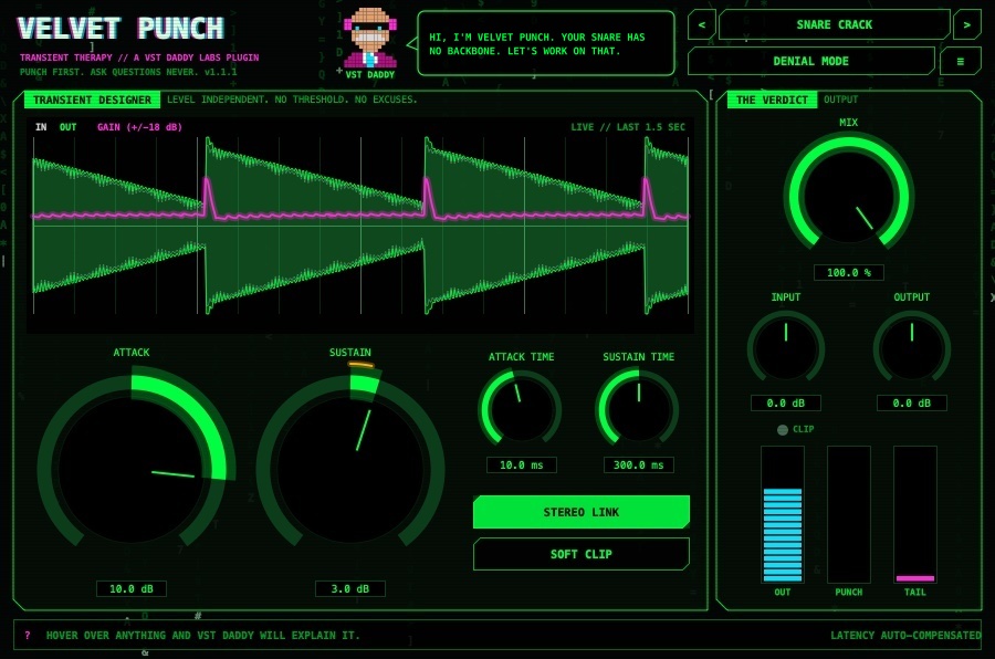 Velvet Punch transient designer showing attack spikes on each drum hit